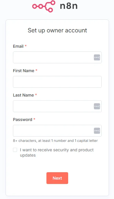 n8n owner account setup page for creating admin credentials after installation