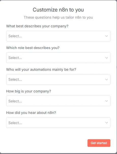 n8n onboarding customization form displayed after initial account setup