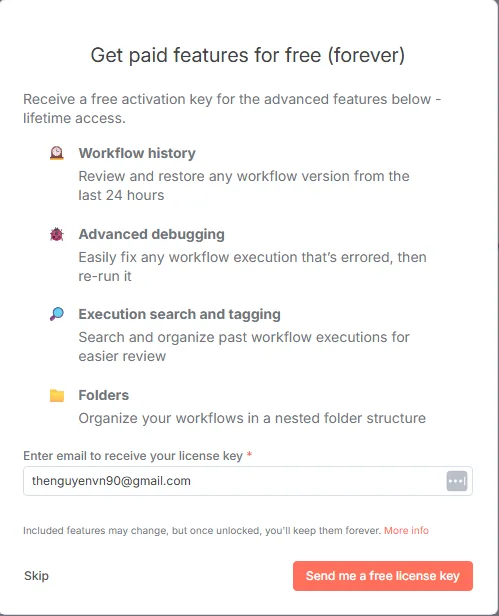 n8n free license key activation page with email signup form