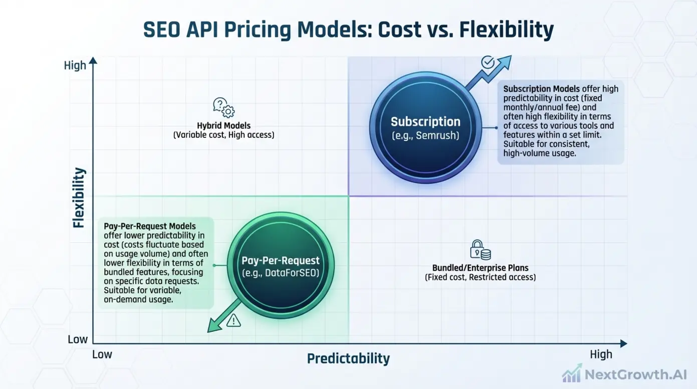 Pricing comparison chart showing the tradeoffs between different SEO API pricing models.