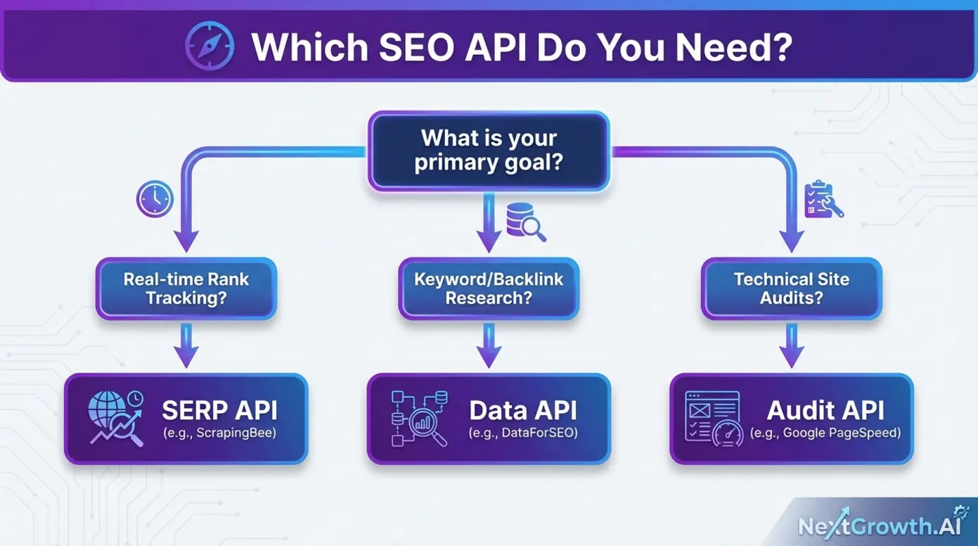 Decision matrix showing which SEO API type to choose based on project goals.