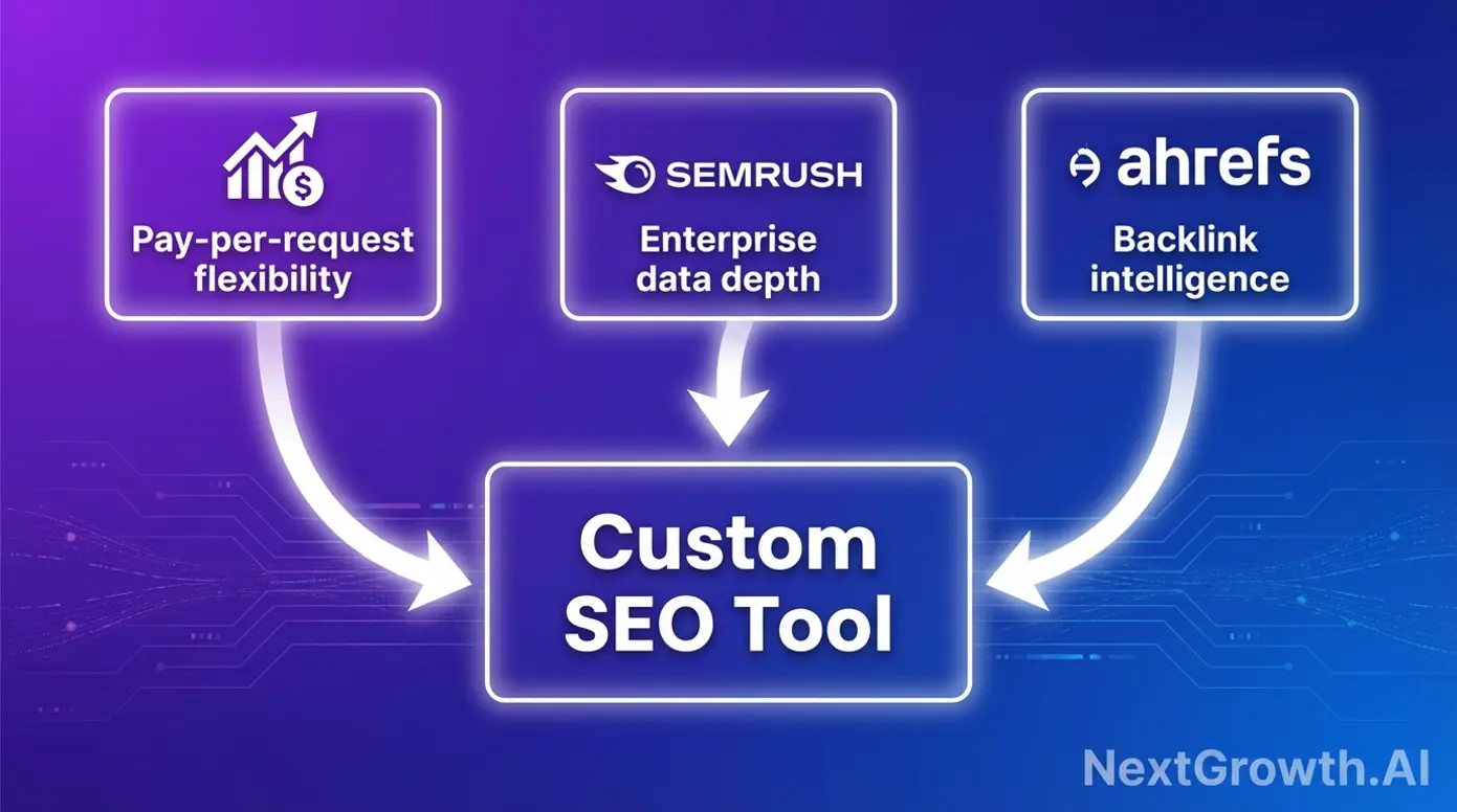 Diagram showing how enterprise APIs from DataForSEO, Semrush, and Ahrefs can power a custom SEO tool.