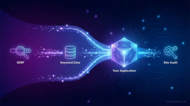 Conceptual diagram of different SEO API data types for SERP, keywords, and audits flowing into a central application.