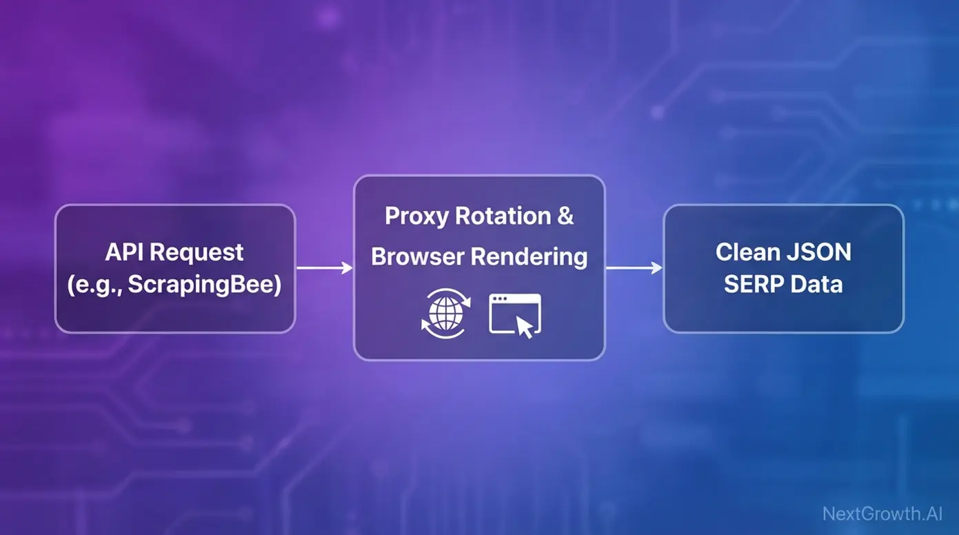 Flowchart explaining how a SERP scraping API automates proxy rotation and browser rendering to deliver clean data.