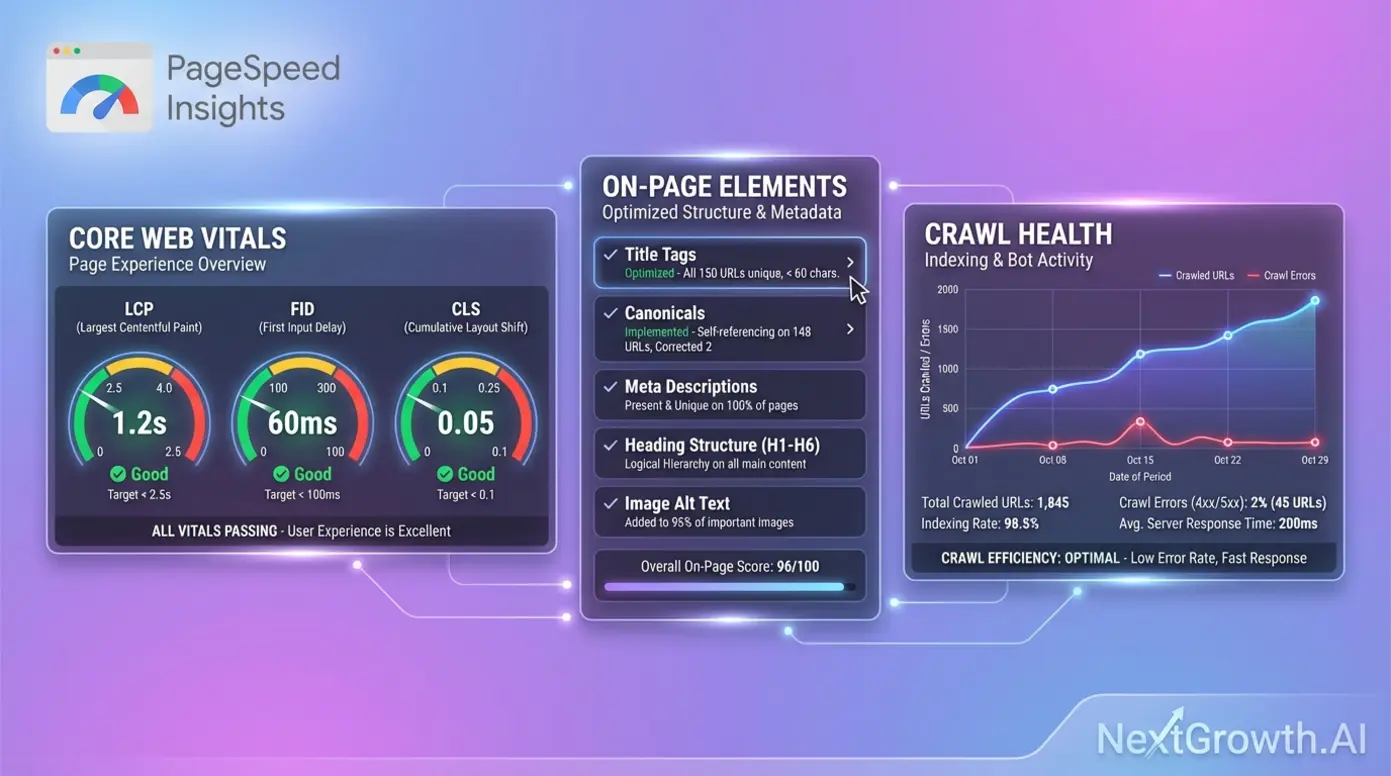 A dashboard graphic displaying key technical SEO metrics like Core Web Vitals and On-Page elements, monitored by audit APIs.