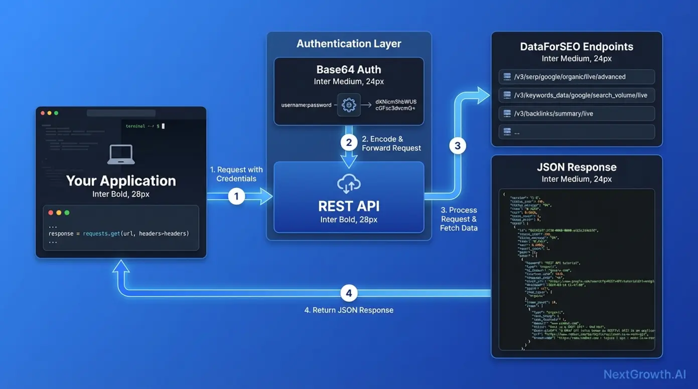 REST API authentication and request flow diagram showing DataForSEO integration process