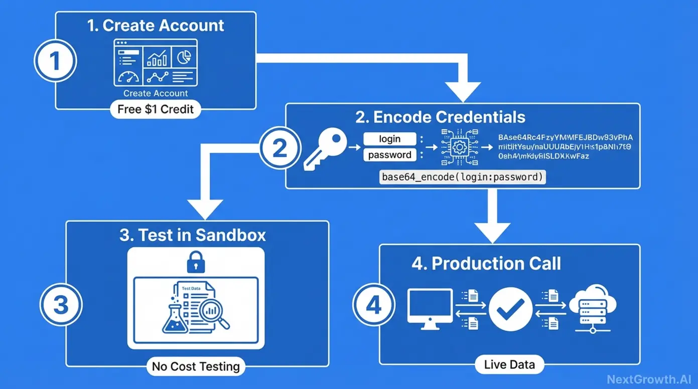 Four-step API authentication flow showing account creation, credential encoding, sandbox testing, and production deployment