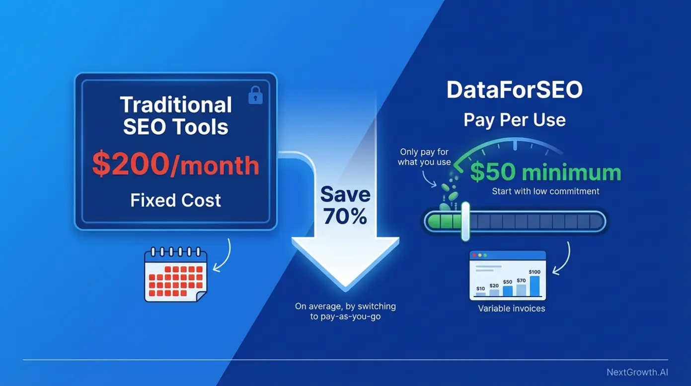Pricing comparison showing traditional subscription model versus DataForSEO's pay-as-you-go approach with cost savings