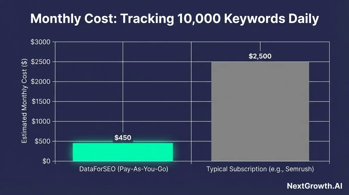 A bar chart comparing the monthly cost of tracking 10,000 keywords on DataForSEO versus a typical Semrush subscription.