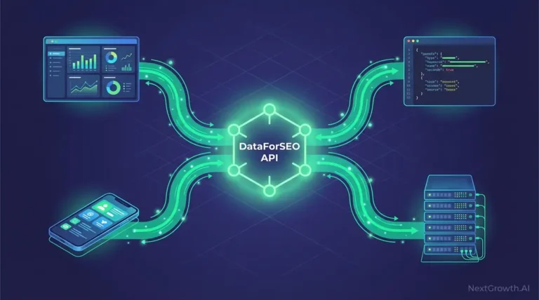A diagram of the DataForSEO API stack connecting to various applications like dashboards and custom tools.
