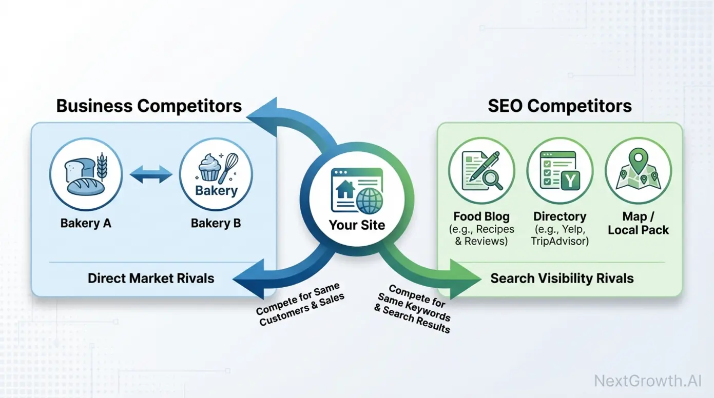 A diagram distinguishing business competitors from SEO competitors with illustrative icons for each category.