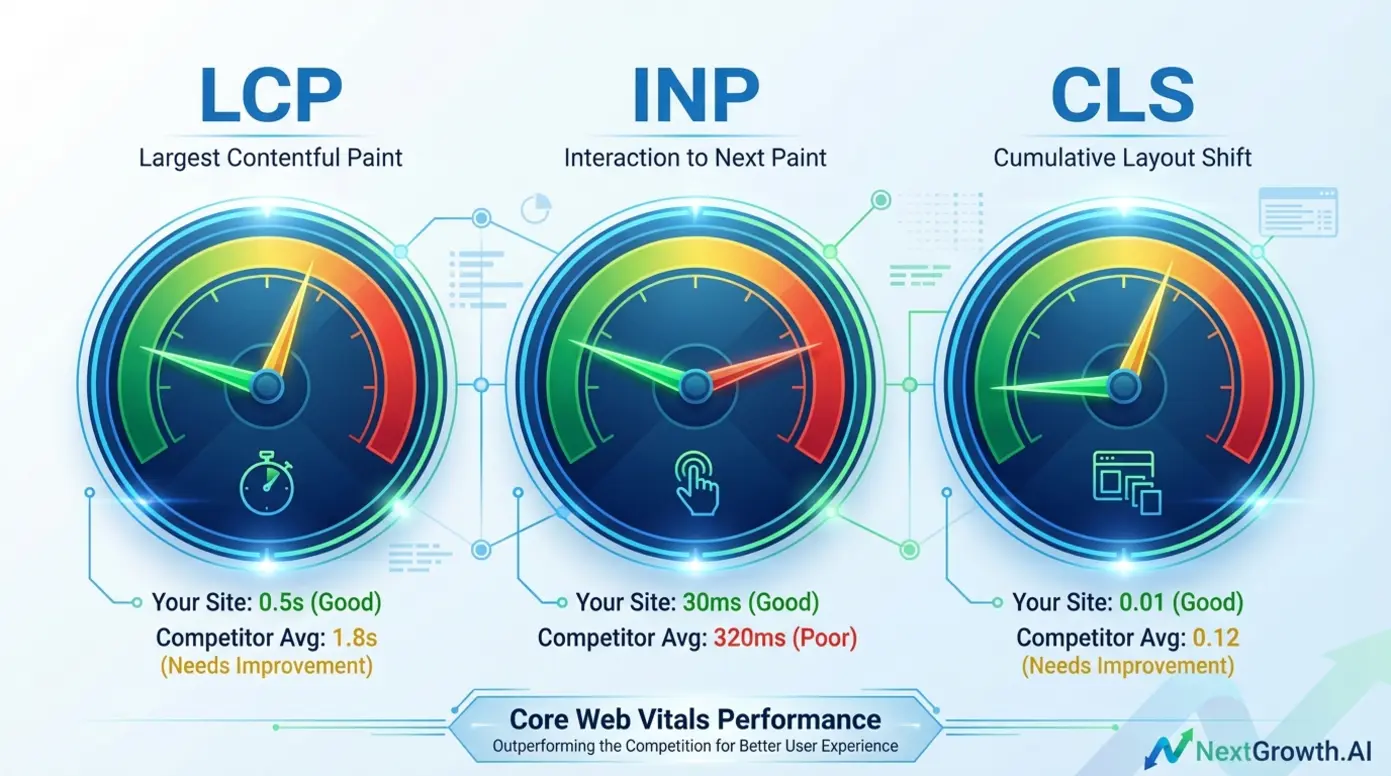 A benchmark chart comparing a site's Core Web Vitals (LCP, INP, CLS) against the competitor average.