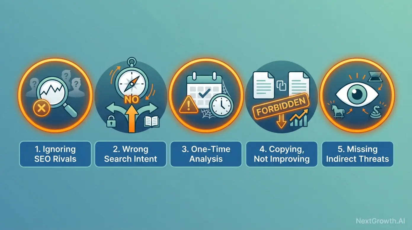 Icons illustrating the five most common mistakes in SEO competitor analysis, such as ignoring search intent.