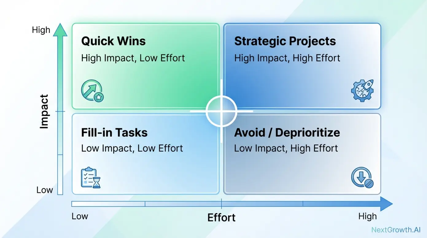 A 2x2 matrix showing how to prioritize SEO competitor analysis findings by impact and effort.