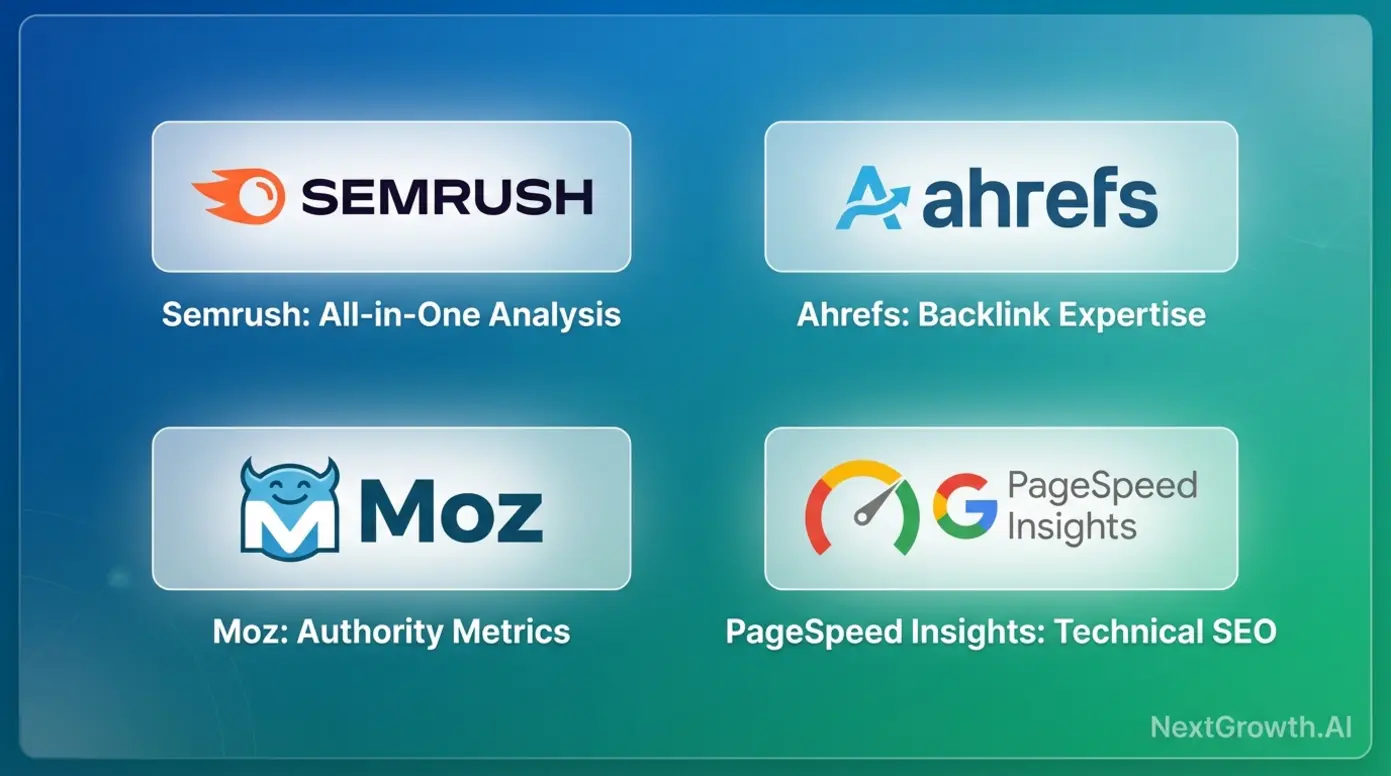 A graphic displaying the logos of key SEO competitor analysis tools like Semrush, Ahrefs, and Moz.