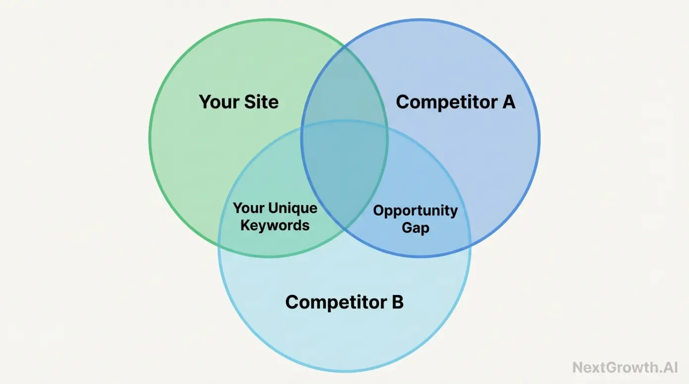 A Venn diagram showing keyword overlap between your site and two competitors, highlighting the opportunity gap.
