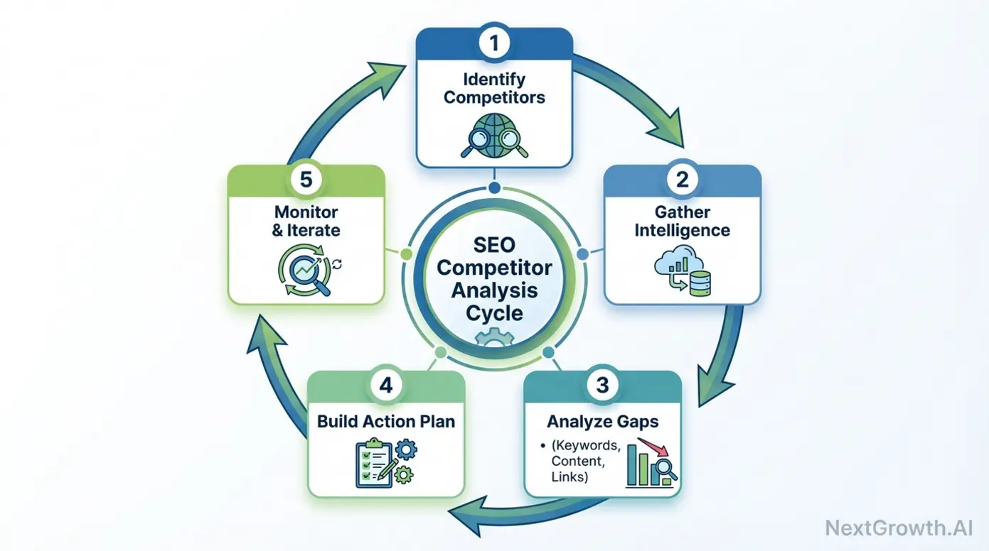 A five-step SEO competitor analysis workflow from identification to monitoring, shown as a continuous cycle.