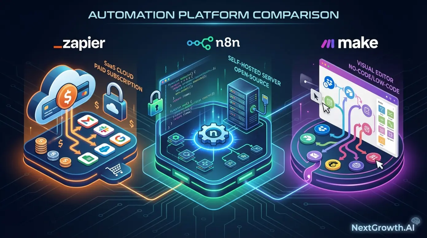 Visual comparison of n8n versus Zapier and Make workflow automation platforms