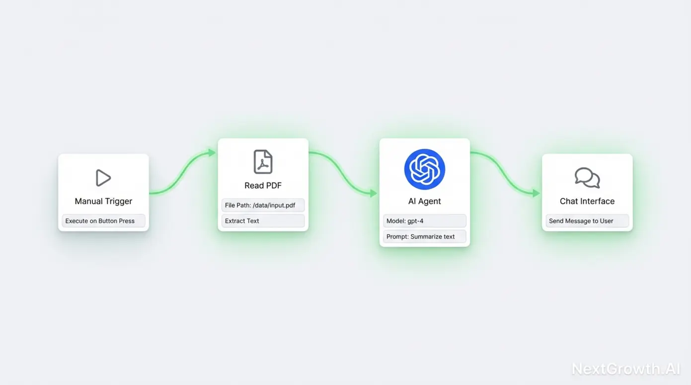 Screenshot of n8n workflow showing AI agent reading a PDF and answering questions
