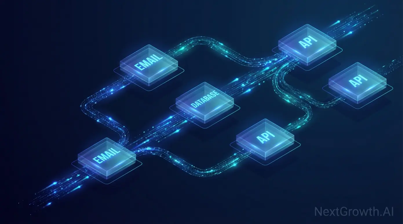 Visual diagram showing n8n's node-based workflow editor connecting multiple applications and services