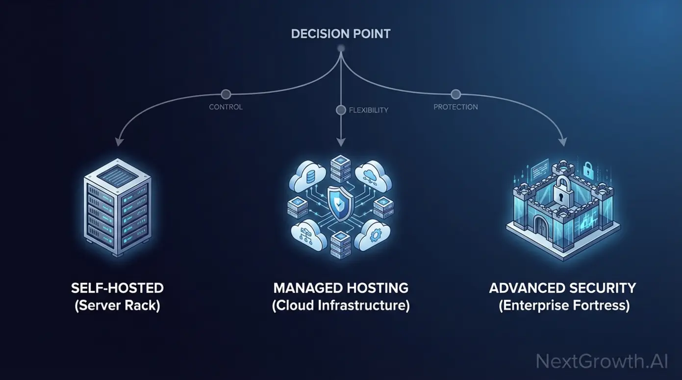 Visual comparison of n8n deployment options: self-hosted, cloud, and enterprise editions