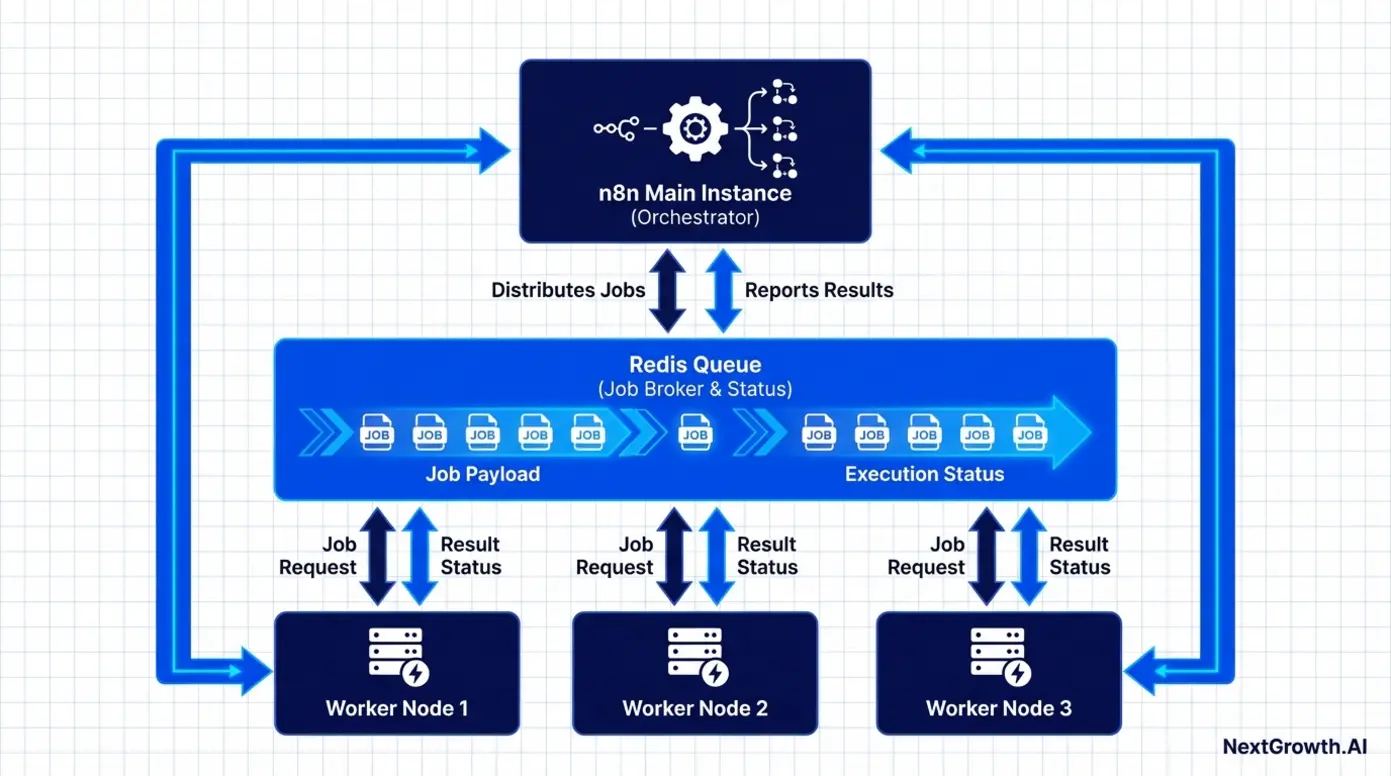 Architecture diagram showing n8n main instance, worker nodes, and Redis queue for high-throughput workflows
