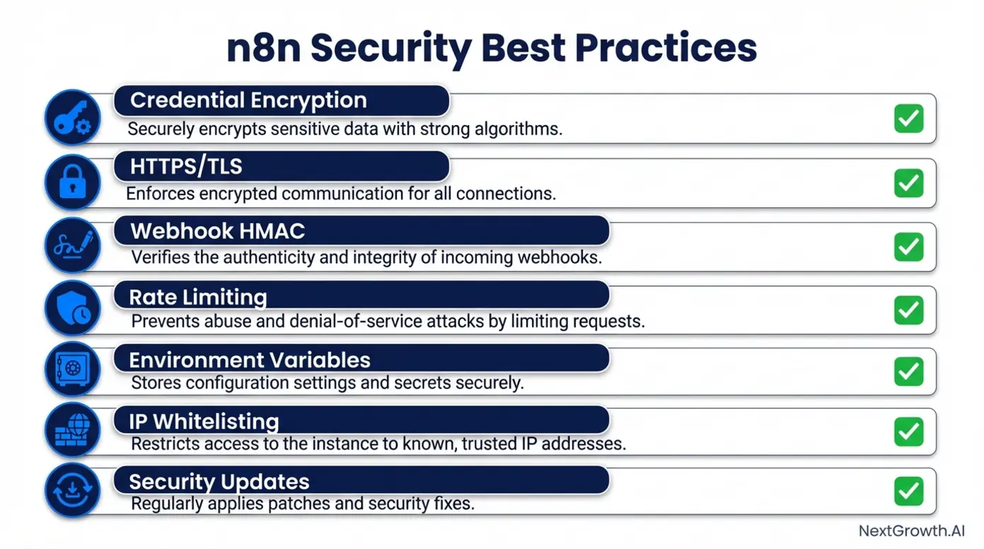 Checklist of n8n security best practices including credential encryption and network hardening