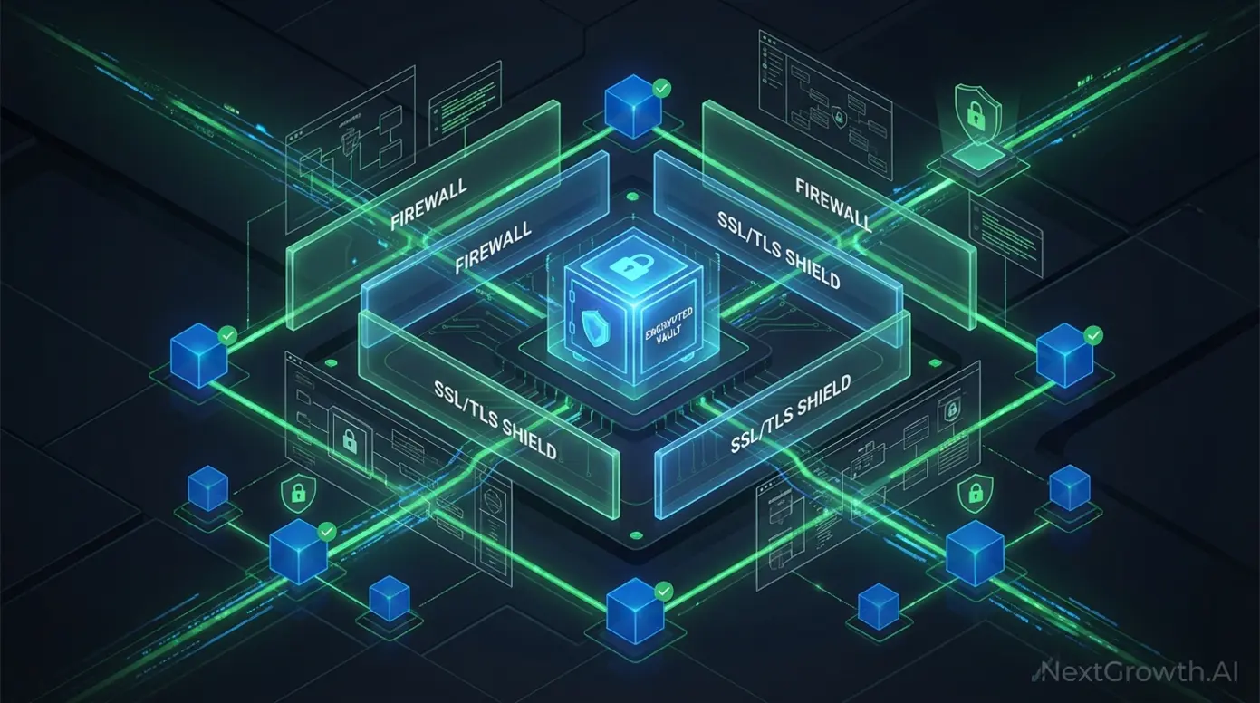n8n enterprise security architecture showing encryption, network hardening, and scalable infrastructure
