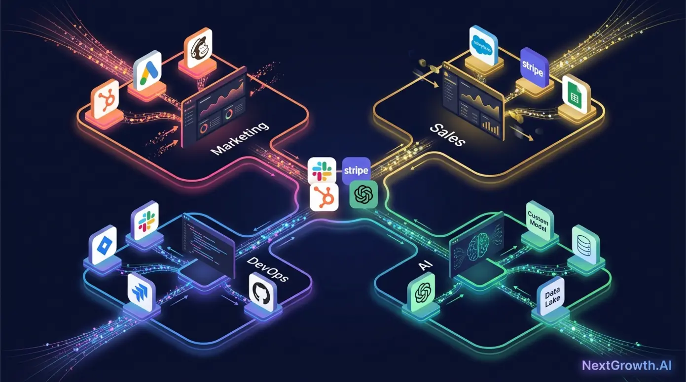 Visual representation of n8n workflow templates spanning marketing, sales, AI, and DevOps use cases