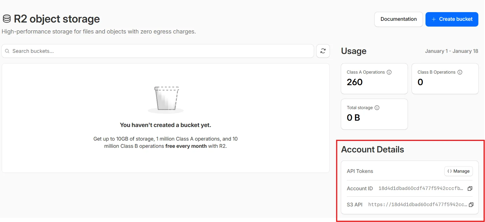 Cloudflade R2 Account Details section showing Account ID with copy button
