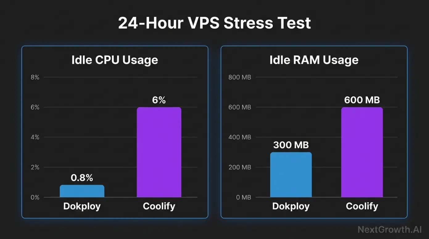 A bar chart showing stress test results, comparing Coolify and Dokploy's idle CPU and RAM usage, with Dokploy being significantly lower.