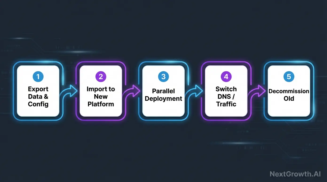 A 5-step flowchart showing the process for migrating applications between Coolify and Dokploy without downtime.