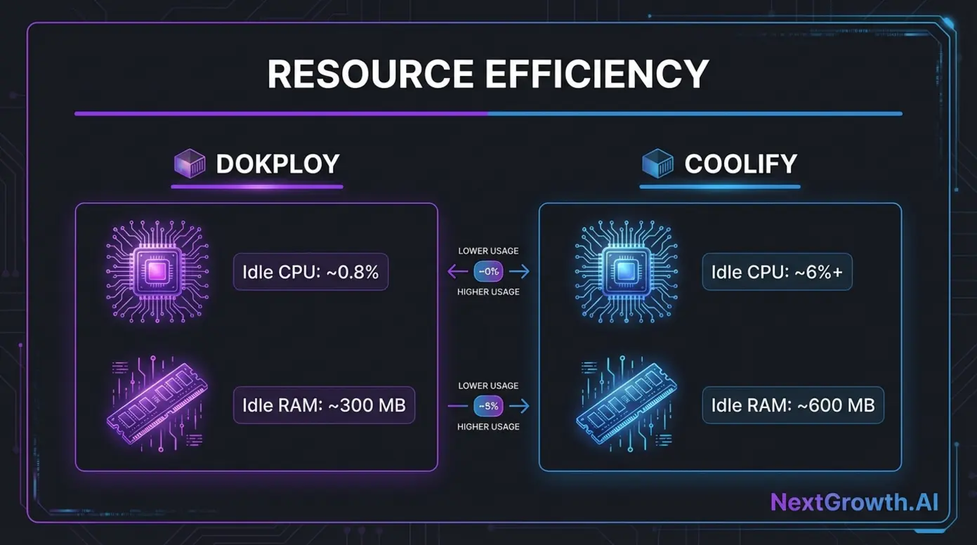 A diagram comparing the resource efficiency of Dokploy and Coolify, showing Dokploy has significantly lower idle CPU and RAM usage.