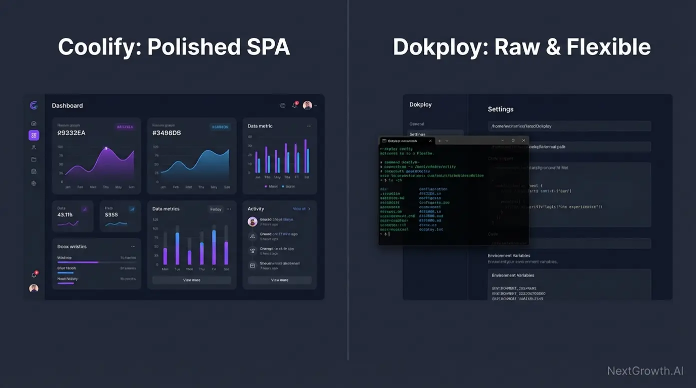 A visual comparison of the Coolify UI, shown as a polished single-page app, versus the Dokploy UI, shown as a rawer, more manual setup.