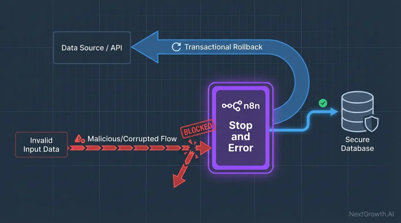 A diagram showing the n8n Stop and Error node preventing bad data and triggering a rollback.