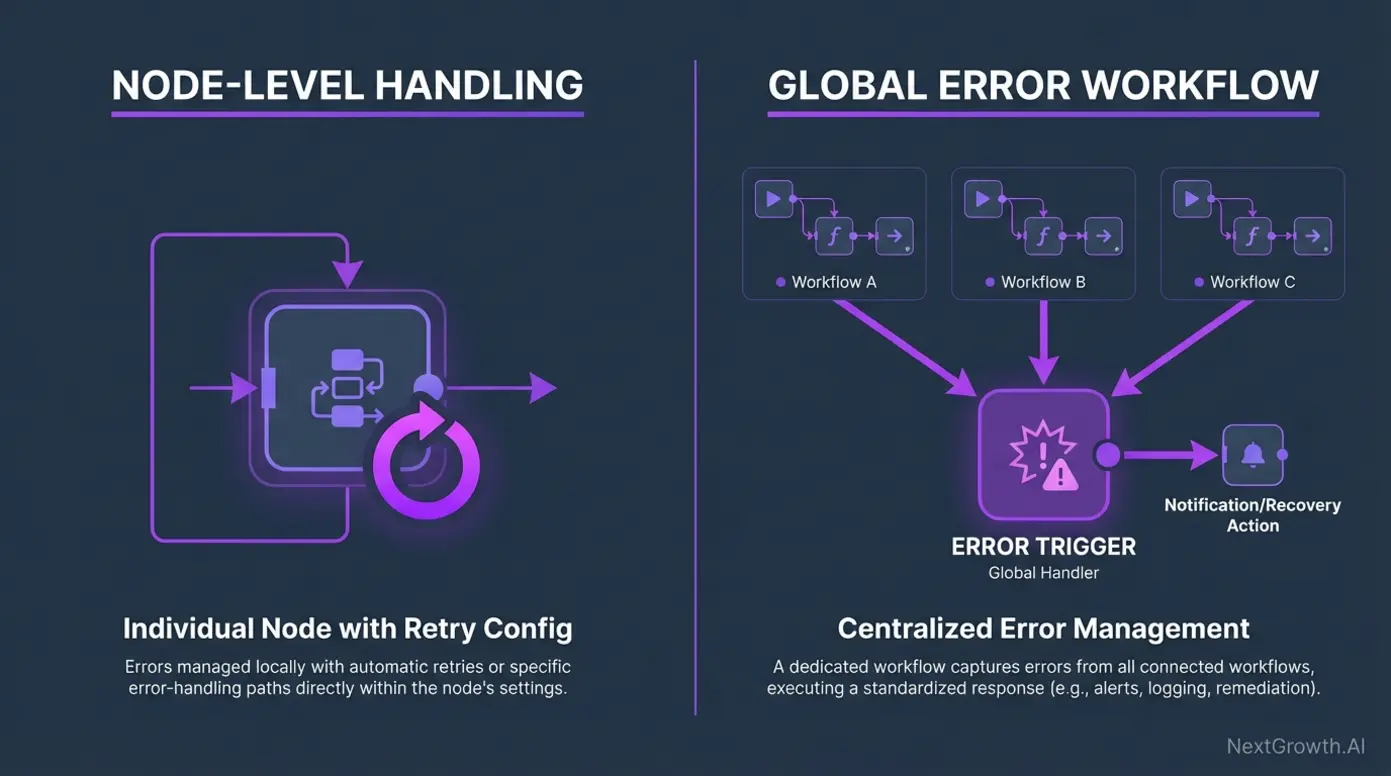 A diagram comparing node-level error handling with a global error workflow in n8n.