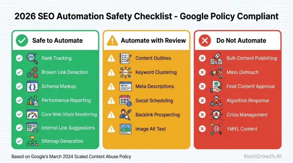 2026 SEO automation safety checklist with green safe tasks, yellow review tasks, and red prohibited tasks
