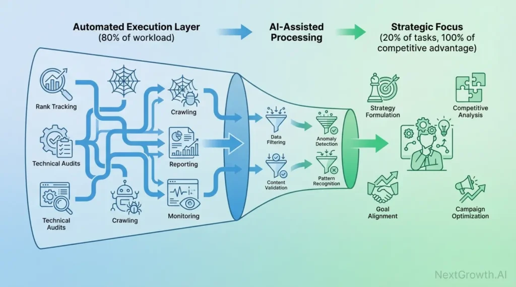 80/20 SEO automation workflow diagram showing automated execution feeding strategic decision-making