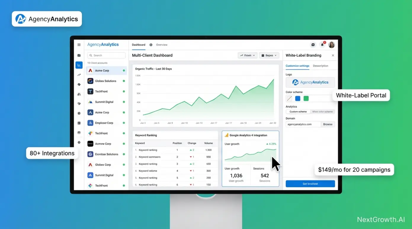 AgencyAnalytics multi-client dashboard showing white-label portal with SEO metrics and client management interface
