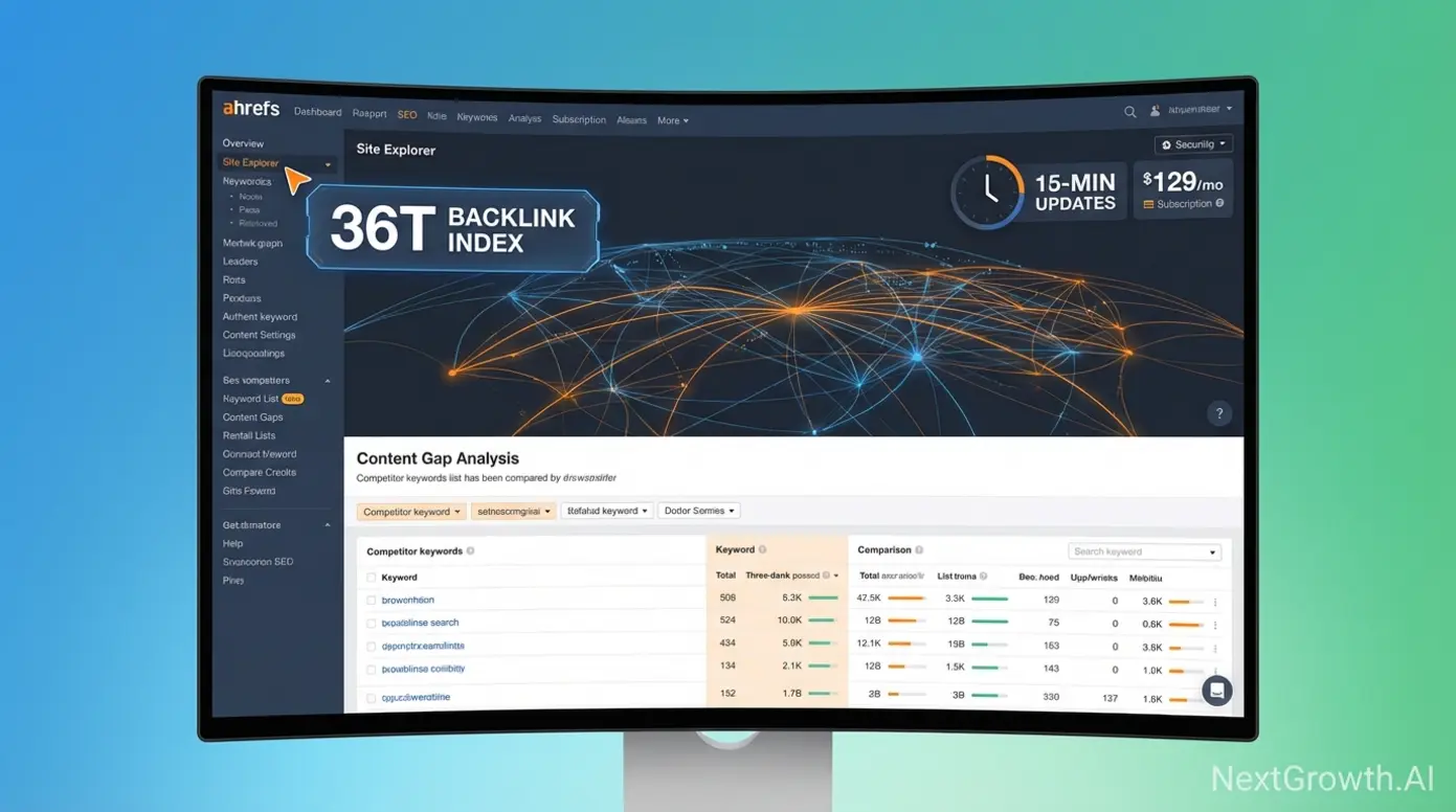 Ahrefs backlink intelligence platform with 36 trillion link index and 15-minute crawl updates for competitive analysis