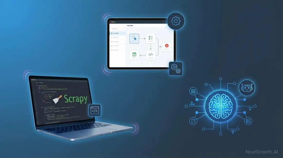 Best tools for web scraping comparison showing code frameworks, no-code platforms, and AI-powered scrapers