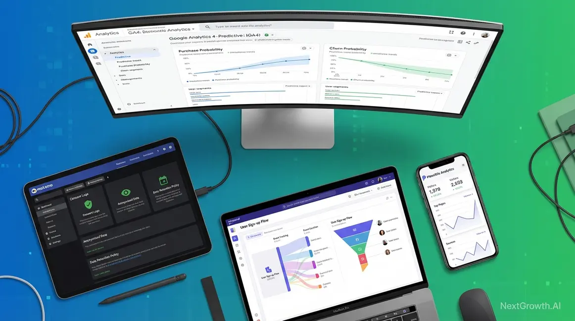 Best website analytics tools 2026 comparison showing GA4, Matomo, Plausible, and Mixpanel dashboards on modern devices