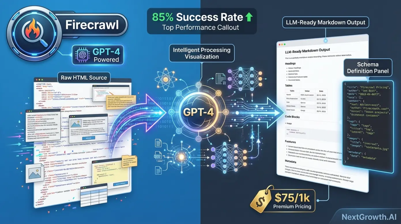 Firecrawl AI web scraper converting complex HTML to clean Markdown using GPT-4 for adaptive extraction