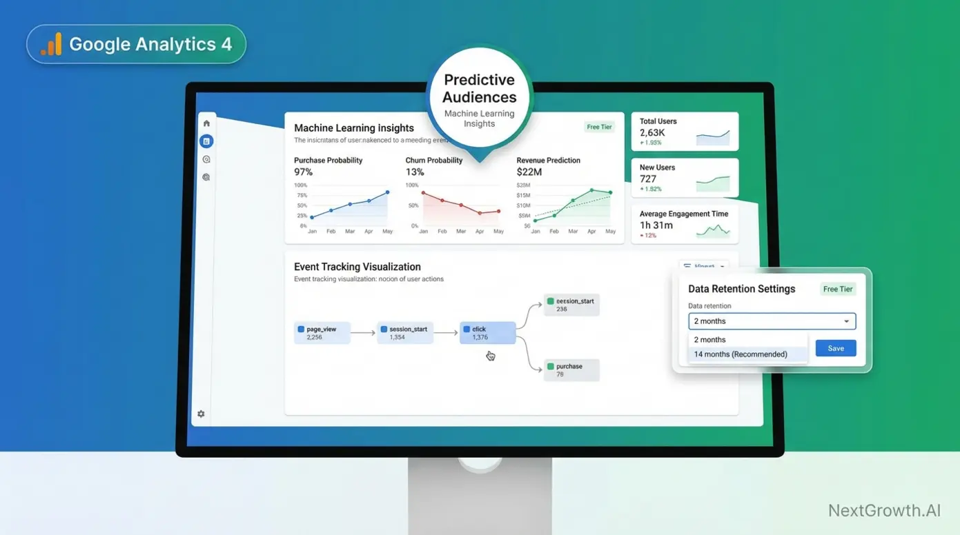 Google Analytics 4 dashboard showing predictive audiences and event tracking for website analytics
