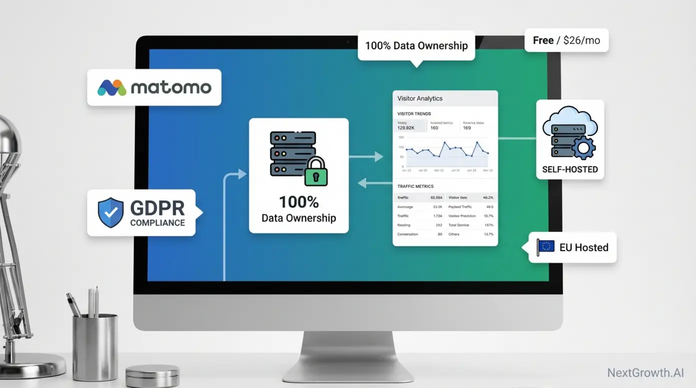 Matomo self-hosted analytics dashboard showing GDPR-compliant data ownership and privacy features