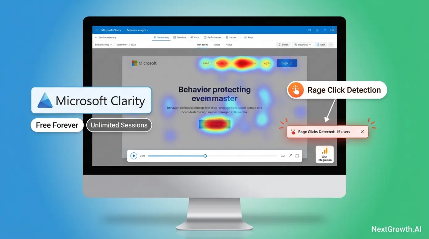 Microsoft Clarity heatmap and session recording interface showing rage click detection and unlimited free analytics