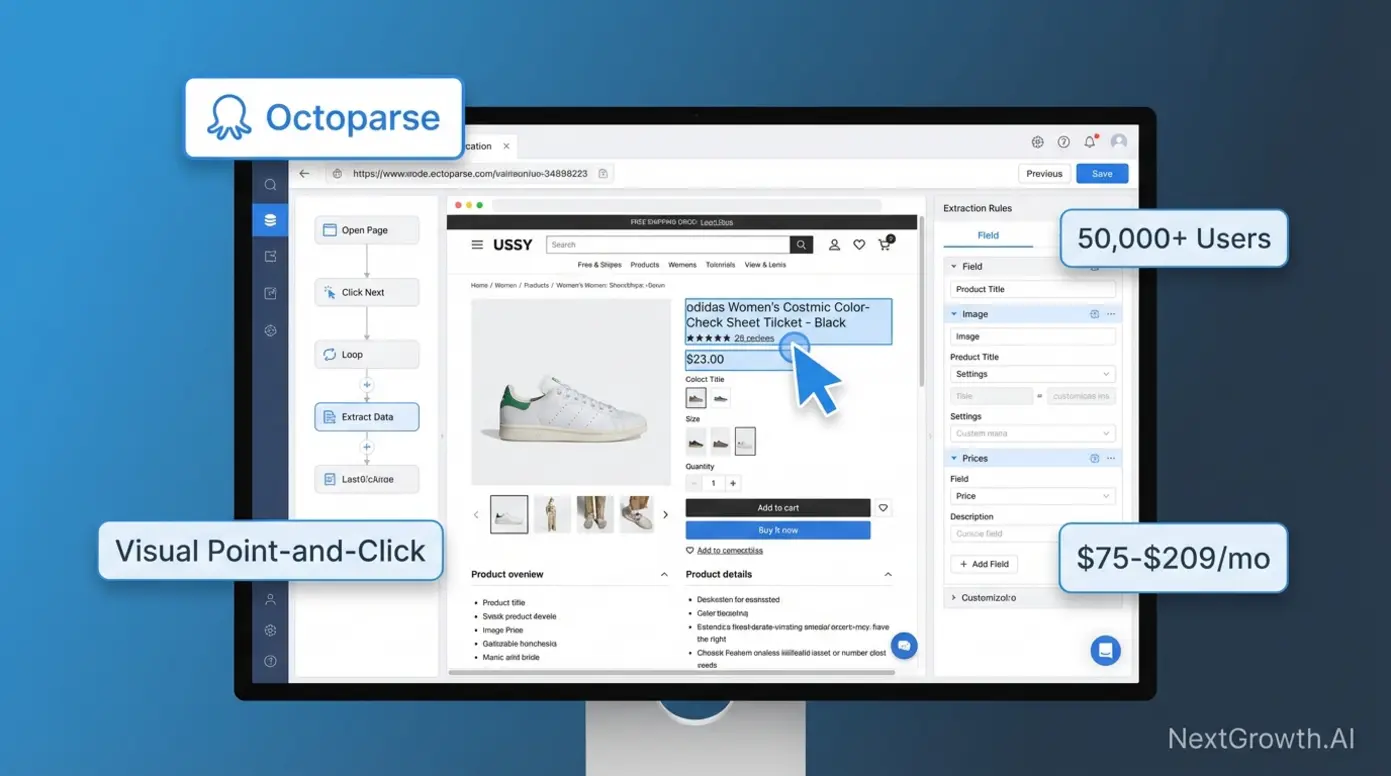 Octoparse no-code web scraper showing visual point-and-click interface for extracting data without coding