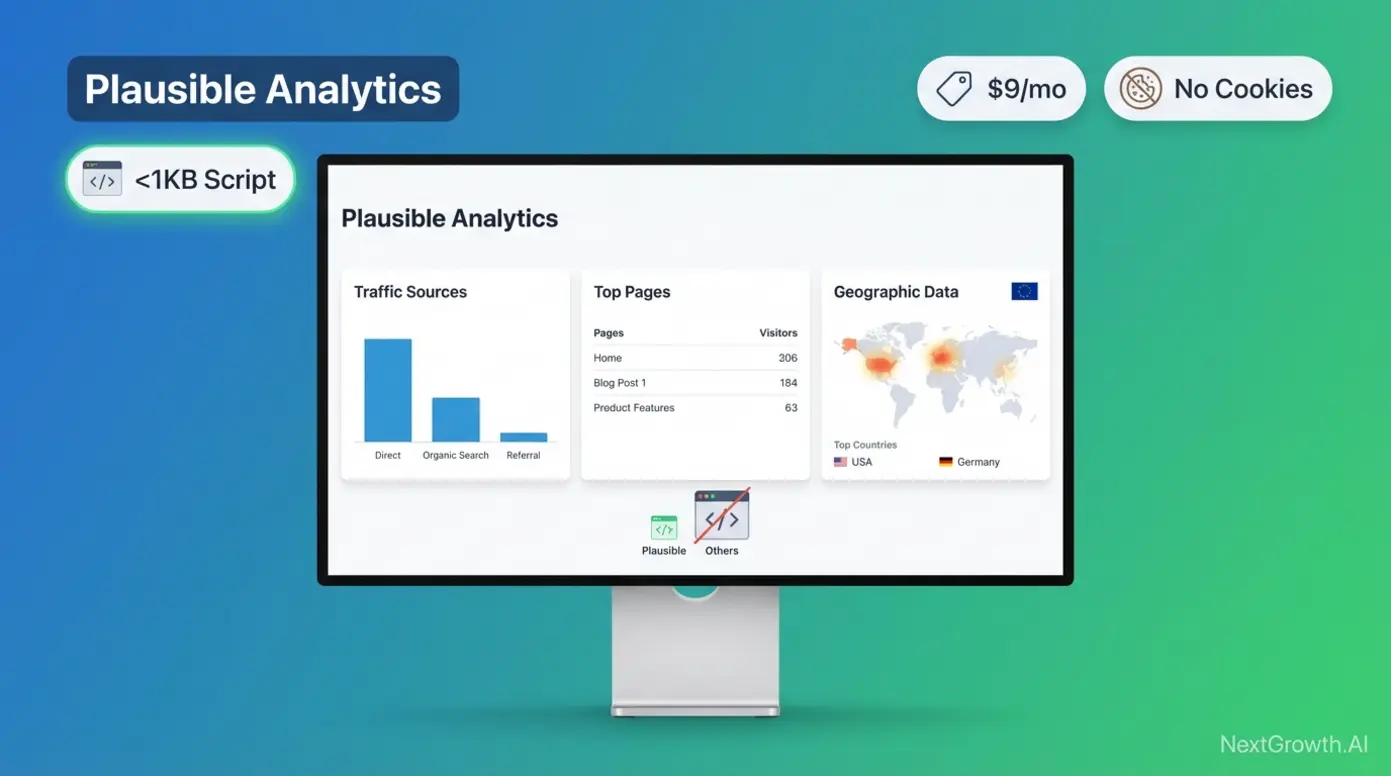 Plausible Analytics minimalist dashboard with cookieless tracking and lightweight 1KB script