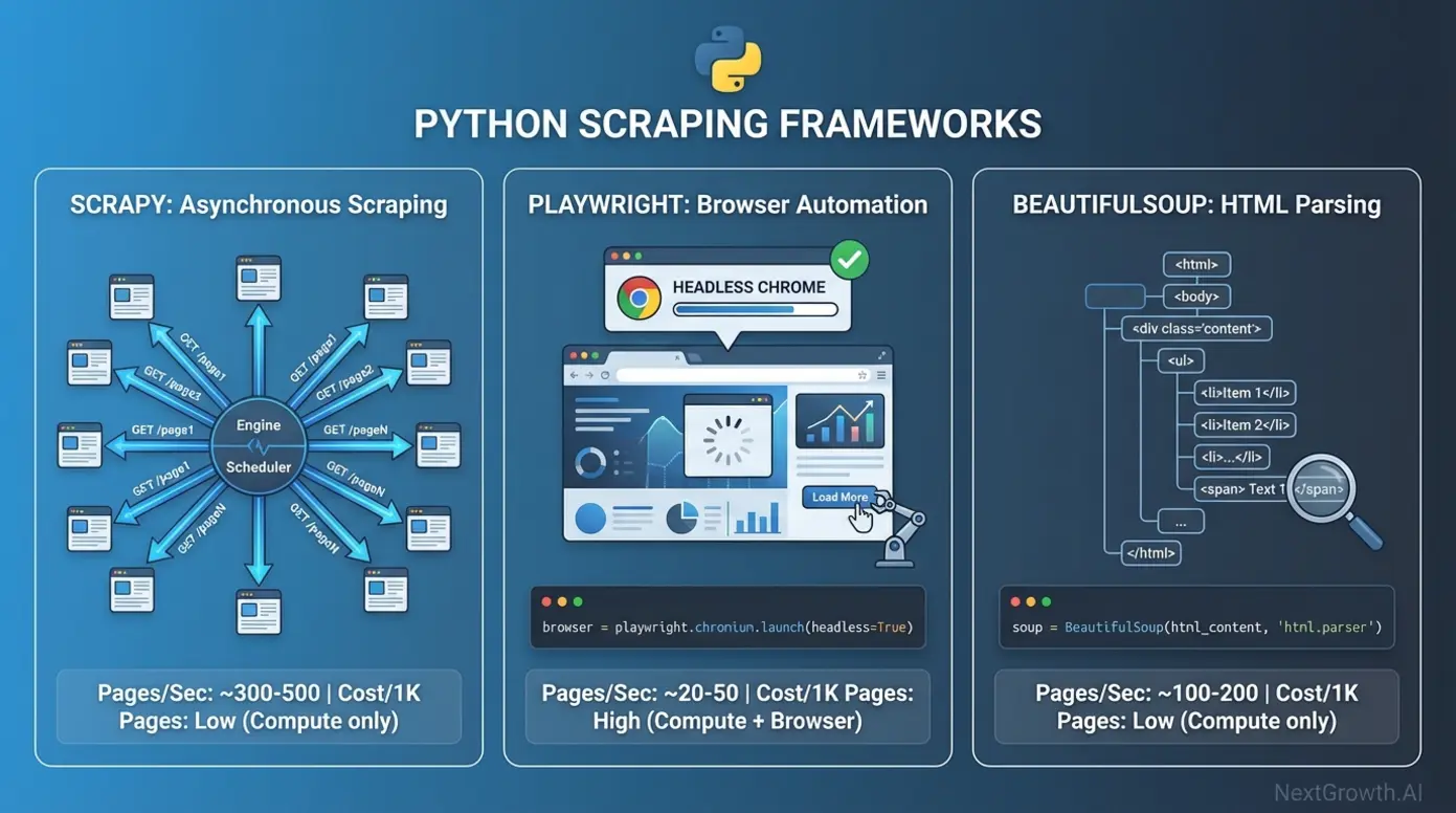 Python web scraping frameworks comparison: Scrapy asynchronous crawling, Playwright browser automation, and BeautifulSoup HTML parsing