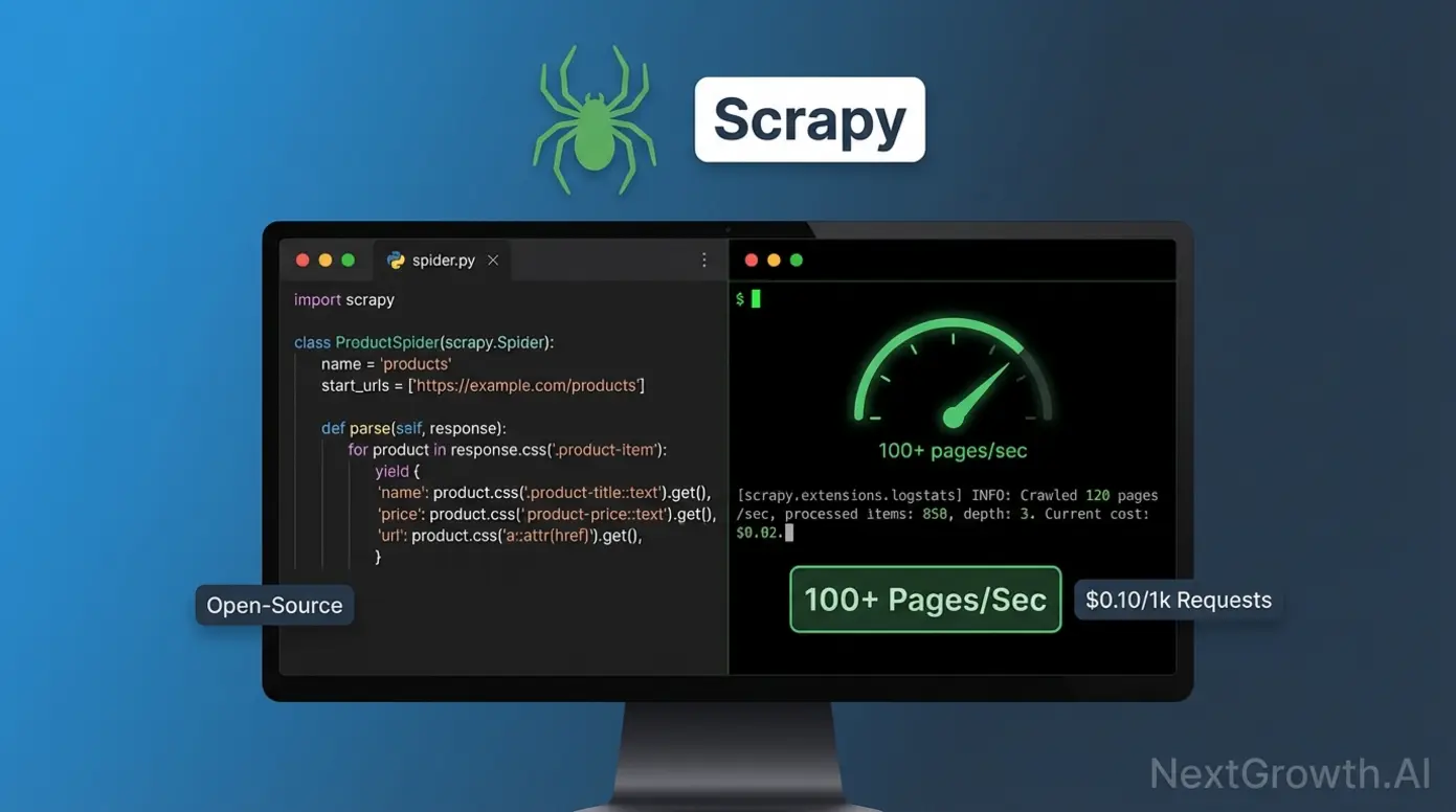 Scrapy Python web scraping framework showing code editor and high-speed crawling performance statistics